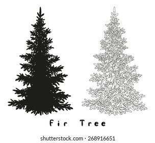 Christmas Spruce Fir Tree Black Silhouette, Contours and Inscriptions Isolated on White Background. Vector