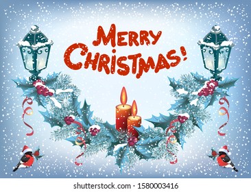 Christmas spruce garland with streetlamp and two burning candles and red inscription "Merry Christmas" in retro style