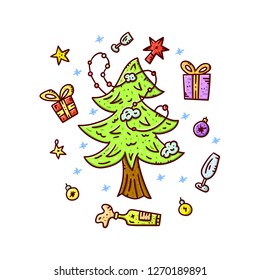 Christmas spruce with gifts. Xmas holidays. Circle print concept. Vector doodle style illustration