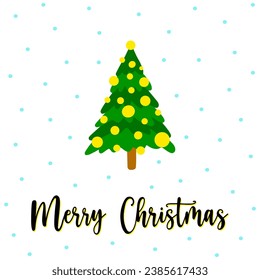 Christmas spruce greeting card with Merry Christmas lettering. Hand drawn green Christmas spruce and yellow garlands on greeting card. Doodle Christmas spruce with snowfall greeting card flyer.