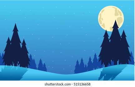 Christmas spruce and moon landscape silhouettes