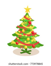 Christmas spruce and New Year tree decorated with garlands and balls, ribbons and tinsel cartoon isolated in white background, vector illustration.