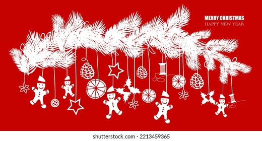 Christmas Spruce Branch Hanging Decorations Paper Cut Gingerbread Men, Holly leaves, Pine Cones, Dry Oranges, Threads. Silhouette Elements on Red Background. Website Christmas Background or Banner