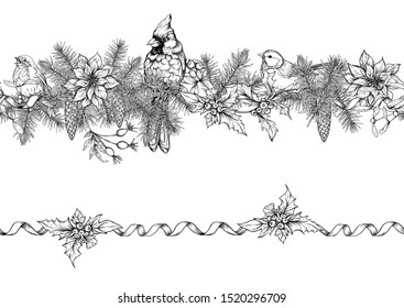 Christmas spruce, pine, poinsettia with winter birds: robin, cardinal, tit. Seamless pattern. Graphic drawing, engraving style. Vector illustration.	