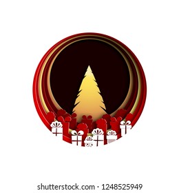Christmas spruce surrounded by gifts. Design in paper art style. Vector illustration
