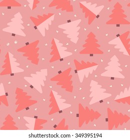 Christmas spruce trees seamless pattern. Pink red colors. Random rotated layout.