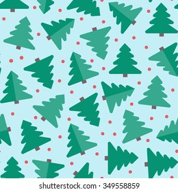 Christmas spruce trees seamless pattern. Blue turquoise  silhouette  on blue background. Random rotated layout.