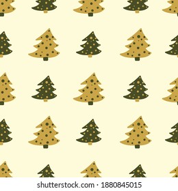 Patrón vectorial sin fisuras de abetos de Navidad. Diseño de impresión de superficie de vacaciones para telas estacionales, papel de papelería, libro de chatarra y papel de artesanía, envoltura de regalo, decoración del hogar, textiles y embalaje.