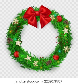 Christmas spruce wreath with holiday decoration elements - vector illustration