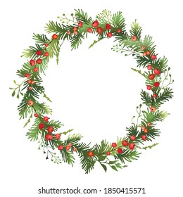 Christmas spruce wreath with red berries. Pine wreath. Decorative element. Vector illustration.