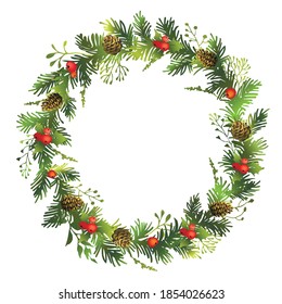 Christmas spruce wreath with red berries and cones. Fir wreath. Decorative element. Vector illustration.