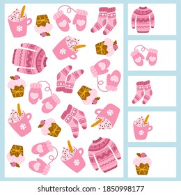 Juego de espionaje de Navidad. Encuentra y anota cuánto. Acogedores elementos de invierno en una paleta rosa. Un juego de mesa para el desarrollo infantil. Festividades divertidas. Ilustraciones de dibujos animados a mano en un estilo sencillo