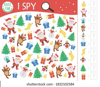 Christmas I spy game for kids. Searching and counting activity for preschool children with traditional New Year objects. Funny winter printable worksheet for kids. Simple holiday spotting puzzle.
