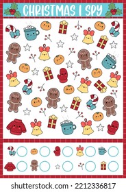 Christmas I spy game for kids. Searching and counting activity with cute kawaii holiday symbols. Winter printable worksheet for preschool children. Simple New Year spotting puzzle with gingerbread
