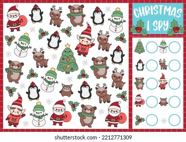 Christmas I spy game for kids. Searching and counting activity with cute kawaii holiday symbols. Winter printable worksheet for preschool children. Simple New Year spotting puzzle with fir tree