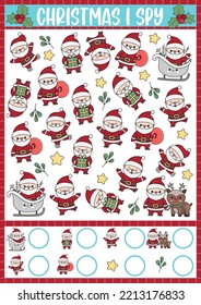 Christmas I spy game for kids. Searching and counting activity with cute kawaii holiday symbols. Winter printable worksheet for preschool children. Simple New Year spotting puzzle with Santa Claus
