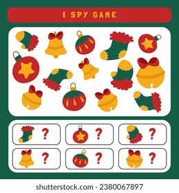 Christmas I spy game for kids. Searching and counting activity for preschool children with cute Christmas objects. Funny winter printable worksheet for kids. Simple holiday spotting puzzle.