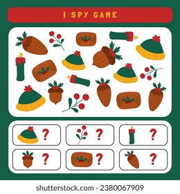 Christmas I spy game for kids. Searching and counting activity for preschool children with cute Christmas objects. Funny winter printable worksheet for kids. Simple holiday spotting puzzle.