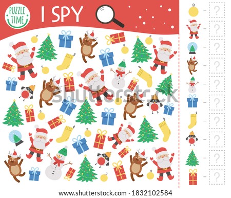 Christmas I spy game for kids. Searching and counting activity for preschool children with traditional New Year objects. Funny winter printable worksheet for kids. Simple holiday spotting puzzle.
