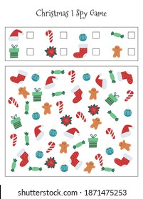 Christmas I spy game for preschool children. Count items. Educational activity worksheet.