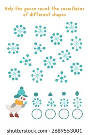 Christmas I spy game. Searching, counting, shape recognition activity with goose and snowflakes. New Year printable worksheet for preschool kids. Winter holiday spotting puzzle
