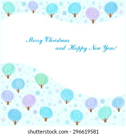 Christmas square background with snowflakes and trees