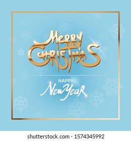 Christmas square banner with blue background. Golden border frame, Merry Christmas golden text. Holiday poster, Happy New Year Gift card. Vector illustration