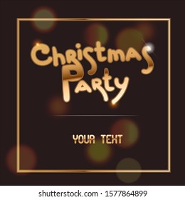 Christmas square banner with dark background. White border frame, Christmas party golden text. Holiday poster, Happy New Year Gift card. vector illustration