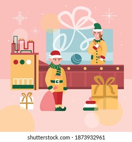 Christmas square banner or poster with conveyor belt of Santas toys factory and characters of elves, flat cartoon vector illustration. Xmas gifts factory with elves.