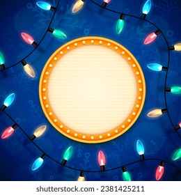 Christmas square banner with retro style signboard and lights garland over blue background with winter themed texture. Xmas composition for festive social media posting. Vector illustration