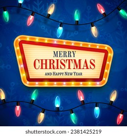 Christmas square banner with retro style signboard and lights garland over blue background with winter themed texture. Xmas composition for festive social media posting. Vector illustration