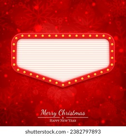 Christmas square banner with retro style signboard and lights garland over blue background with winter themed texture. Xmas composition for festive social media posting. Vector illustration