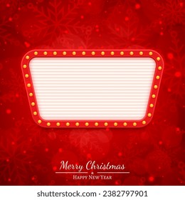 Christmas square banner with retro style signboard and lights garland over blue background with winter themed texture. Xmas composition for festive social media posting. Vector illustration