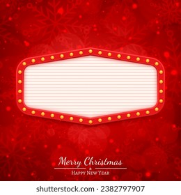 Christmas square banner with retro style signboard and lights garland over blue background with winter themed texture. Xmas composition for festive social media posting. Vector illustration