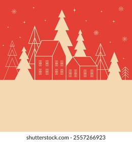 Christmas Square Banner with Scandinavian Houses and Forest in Geometric Style on Red Background. Vector Template for Posts, Flyers, Invitations, Cards
