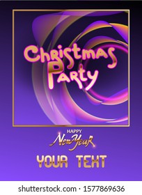 Christmas square banner with violet background. Golden border frame, Christmas party golden text. Holiday poster, Happy New Year Gift card. vector illustration