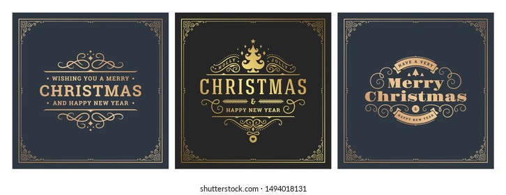 Christmas square banners vintage typographic design, ornate decorations symbols with winter holidays wishes, floral ornaments and flourish frames. Vector illustration.