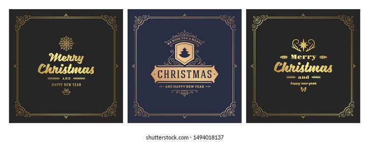 Christmas square banners vintage typographic design, ornate decorations symbols with winter holidays wishes, floral ornaments and flourish frames. Vector illustration.