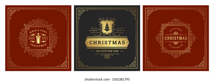 Christmas square banners vintage typographic design, ornate decorations symbols with winter holidays wishes, floral ornaments and flourish frames. Vector illustration.