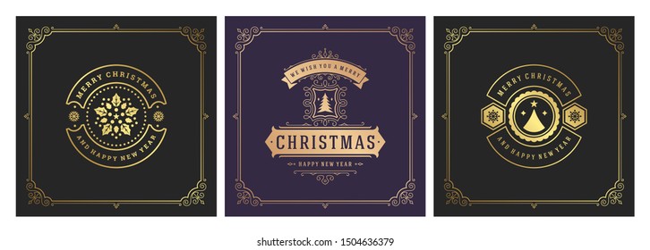 Christmas square banners vintage typographic design, ornate decorations symbols with winter holidays wishes, floral ornaments and flourish frames. Vector illustration.