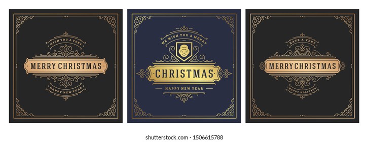 Christmas square banners vintage typographic design, ornate decorations symbols with winter holidays wishes, floral ornaments and flourish frames. Vector illustration.