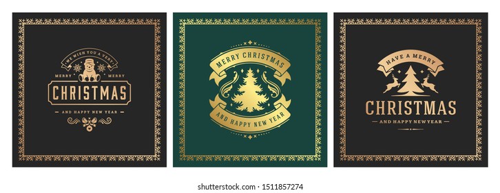 Christmas square banners vintage typographic design, ornate decorations symbols with winter holidays wishes, floral ornaments and flourish frames. Vector illustration.