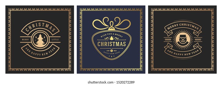 Christmas square banners vintage typographic design, ornate decorations symbols with winter holidays wishes, floral ornaments and flourish frames. Vector illustration.