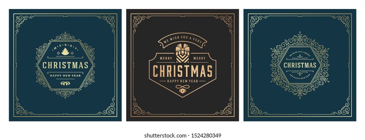 Christmas square banners vintage typographic design, ornate decorations symbols with winter holidays wishes, floral ornaments and flourish frames. Vector illustration.