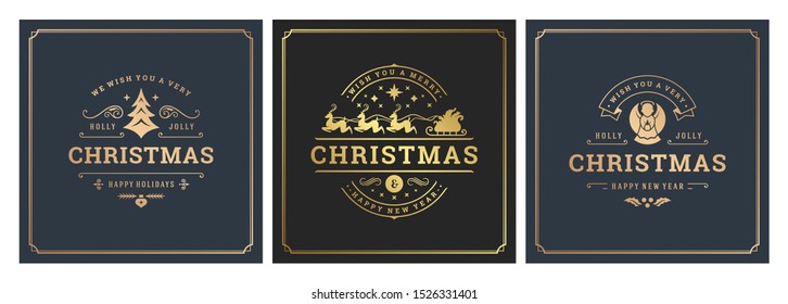 Christmas square banners vintage typographic design, ornate decorations symbols with winter holidays wishes, floral ornaments and flourish frames. Vector illustration.