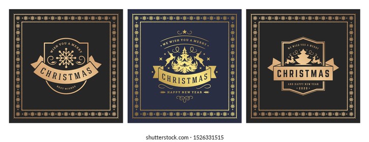 Christmas square banners vintage typographic design, ornate decorations symbols with winter holidays wishes, floral ornaments and flourish frames. Vector illustration.