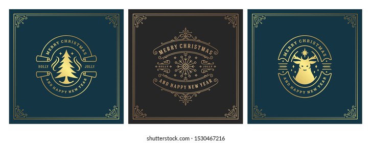 Christmas square banners vintage typographic design, ornate decorations symbols with winter holidays wishes, floral ornaments and flourish frames. Vector illustration.