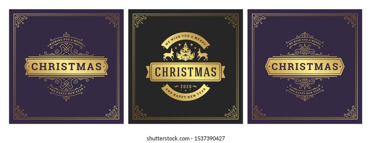 Christmas square banners vintage typographic design, ornate decorations symbols with winter holidays wishes, floral ornaments and flourish frames. Vector illustration.
