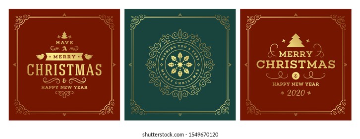 Christmas square banners vintage typographic design, ornate decorations symbols with winter holidays wishes, floral ornaments and flourish frames. Vector illustration.