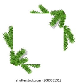 Weihnachtsquadratische Karte umrahmt von Ästen eines Weihnachtsbaumes. Vektorgrafik, farbrealistisches Design, einzeln auf weißem Hintergrund, EPS10.